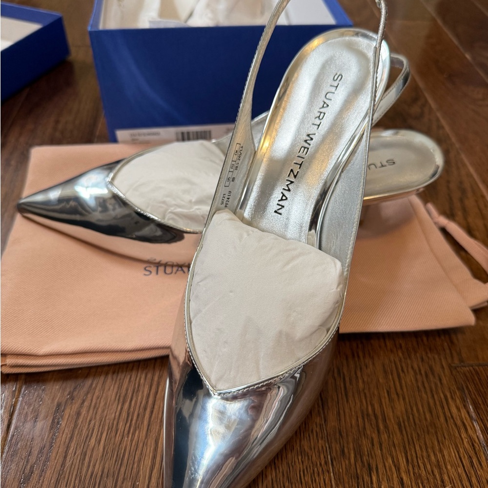 Stuart Weitzman Silver Eva 50 Slingback’s Size 8B (8 1/2) NIB. STUNNING!